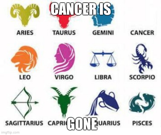 Yay | CANCER IS; GONE | image tagged in zodiac signs | made w/ Imgflip meme maker