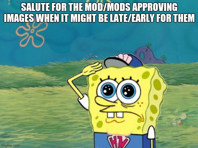 Spongebob salute | SALUTE FOR THE MOD/MODS APPROVING IMAGES WHEN IT MIGHT BE LATE/EARLY FOR THEM | image tagged in spongebob salute | made w/ Imgflip meme maker