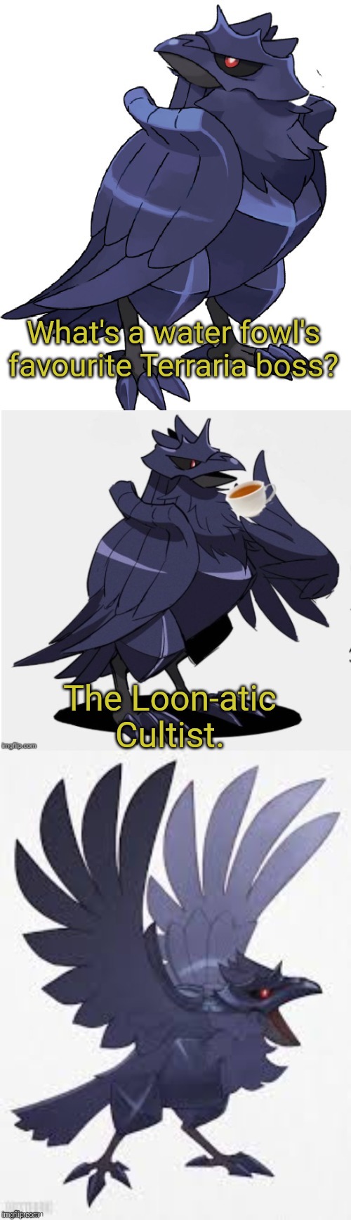 Yes, I did just make a Terraria joke. | What's a water fowl's favourite Terraria boss? The Loon-atic Cultist. | image tagged in bad pun ttdc | made w/ Imgflip meme maker