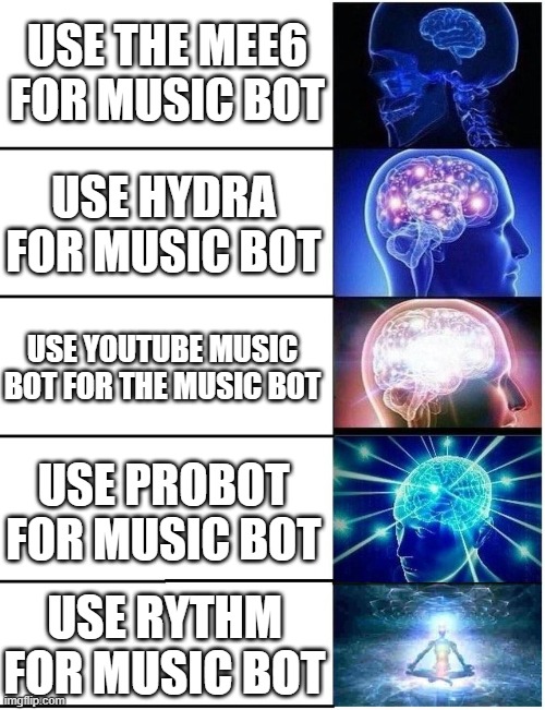 Music bots | USE THE MEE6 FOR MUSIC BOT; USE HYDRA FOR MUSIC BOT; USE YOUTUBE MUSIC BOT FOR THE MUSIC BOT; USE PROBOT FOR MUSIC BOT; USE RYTHM FOR MUSIC BOT | image tagged in expanding brain 5 panel,discord,discord bots,bots,fun | made w/ Imgflip meme maker