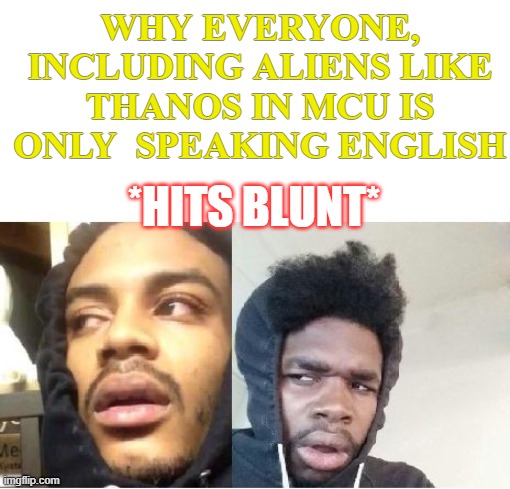 hits blunt, but this time very badly | WHY EVERYONE, INCLUDING ALIENS LIKE THANOS IN MCU IS ONLY  SPEAKING ENGLISH; *HITS BLUNT* | image tagged in hits blunt,but why tho,avengers,marvel comics,i cant understand | made w/ Imgflip meme maker