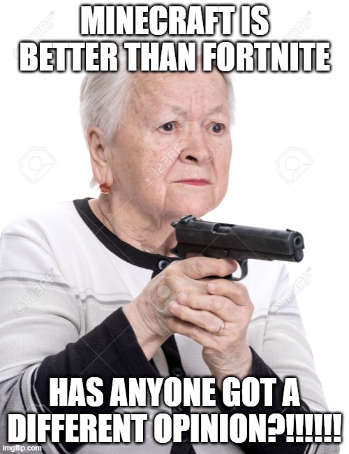 Grandma Gun | MINECRAFT IS BETTER THAN FORTNITE; HAS ANYONE GOT A DIFFERENT OPINION?!!!!!! | image tagged in grandma gun | made w/ Imgflip meme maker