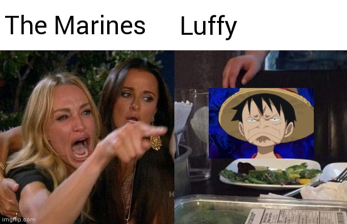 Marines vs Luffy | The Marines; Luffy | image tagged in memes,woman yelling at cat | made w/ Imgflip meme maker