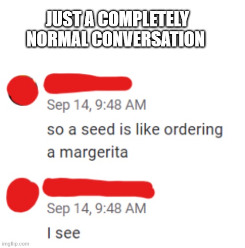 uhh... | JUST A COMPLETELY NORMAL CONVERSATION | image tagged in what,normal conversation | made w/ Imgflip meme maker