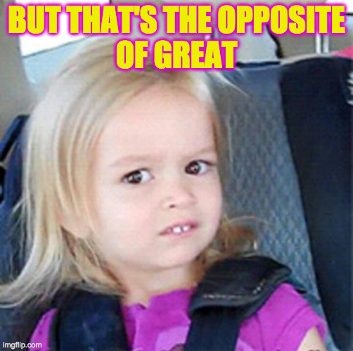 Confused Little Girl | BUT THAT'S THE OPPOSITE
OF GREAT | image tagged in confused little girl | made w/ Imgflip meme maker
