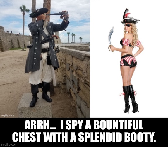 Pirate | ARRH…  I SPY A BOUNTIFUL CHEST WITH A SPLENDID BOOTY. | image tagged in pirate | made w/ Imgflip meme maker