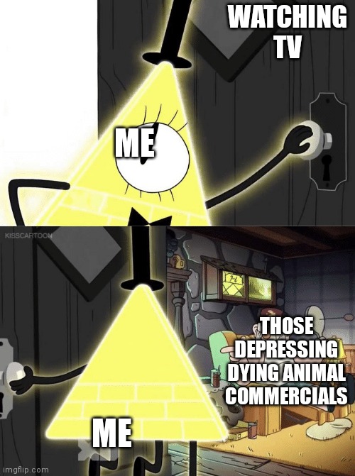 Bill Cipher Door | WATCHING TV; ME; THOSE DEPRESSING DYING ANIMAL COMMERCIALS; ME | image tagged in bill cipher door | made w/ Imgflip meme maker