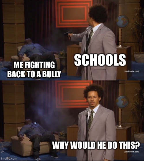 My life basically | SCHOOLS; ME FIGHTING BACK TO A BULLY; WHY WOULD HE DO THIS? | image tagged in memes,who killed hannibal | made w/ Imgflip meme maker