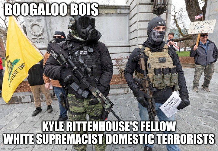 Boogaloo Bois - Kyle Rittenhouse's trainers and friends | BOOGALOO BOIS; KYLE RITTENHOUSE'S FELLOW WHITE SUPREMACIST DOMESTIC TERRORISTS | image tagged in terrorist,trump,militia,white supremacist,republican,kenosha | made w/ Imgflip meme maker
