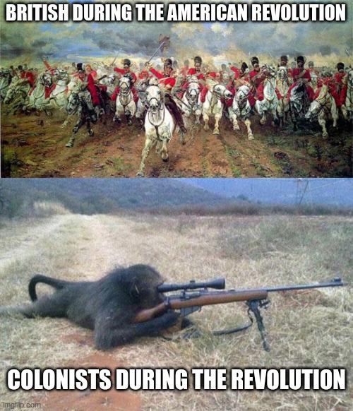 BRITISH DURING THE AMERICAN REVOLUTION; COLONISTS DURING THE REVOLUTION | image tagged in british army,sniper monkey | made w/ Imgflip meme maker