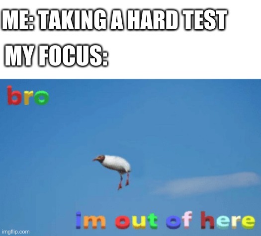bro im out of here | ME: TAKING A HARD TEST; MY FOCUS: | image tagged in bro im out of here | made w/ Imgflip meme maker