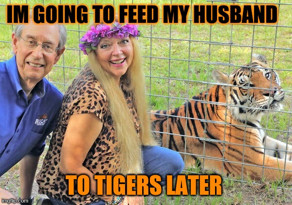 tiger king | IM GOING TO FEED MY HUSBAND; TO TIGERS LATER | image tagged in funny memes | made w/ Imgflip meme maker