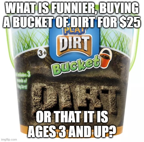 $25 dollar bucket of dirt | WHAT IS FUNNIER, BUYING A BUCKET OF DIRT FOR $25; OR THAT IT IS AGES 3 AND UP? | image tagged in bucket,dirty,waste of money | made w/ Imgflip meme maker