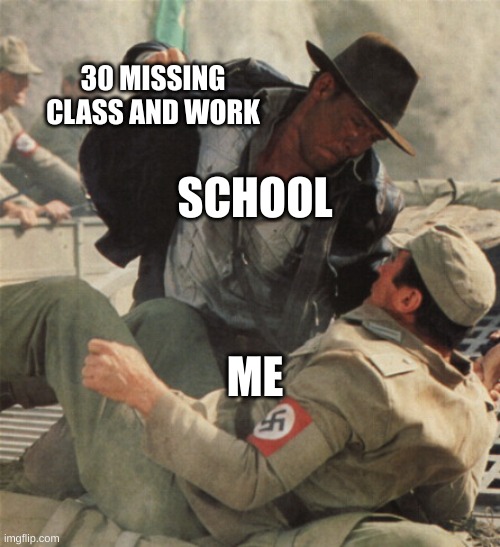 Indiana Jones Punching Nazis | 30 MISSING CLASS AND WORK; SCHOOL; ME | image tagged in indiana jones punching nazis | made w/ Imgflip meme maker