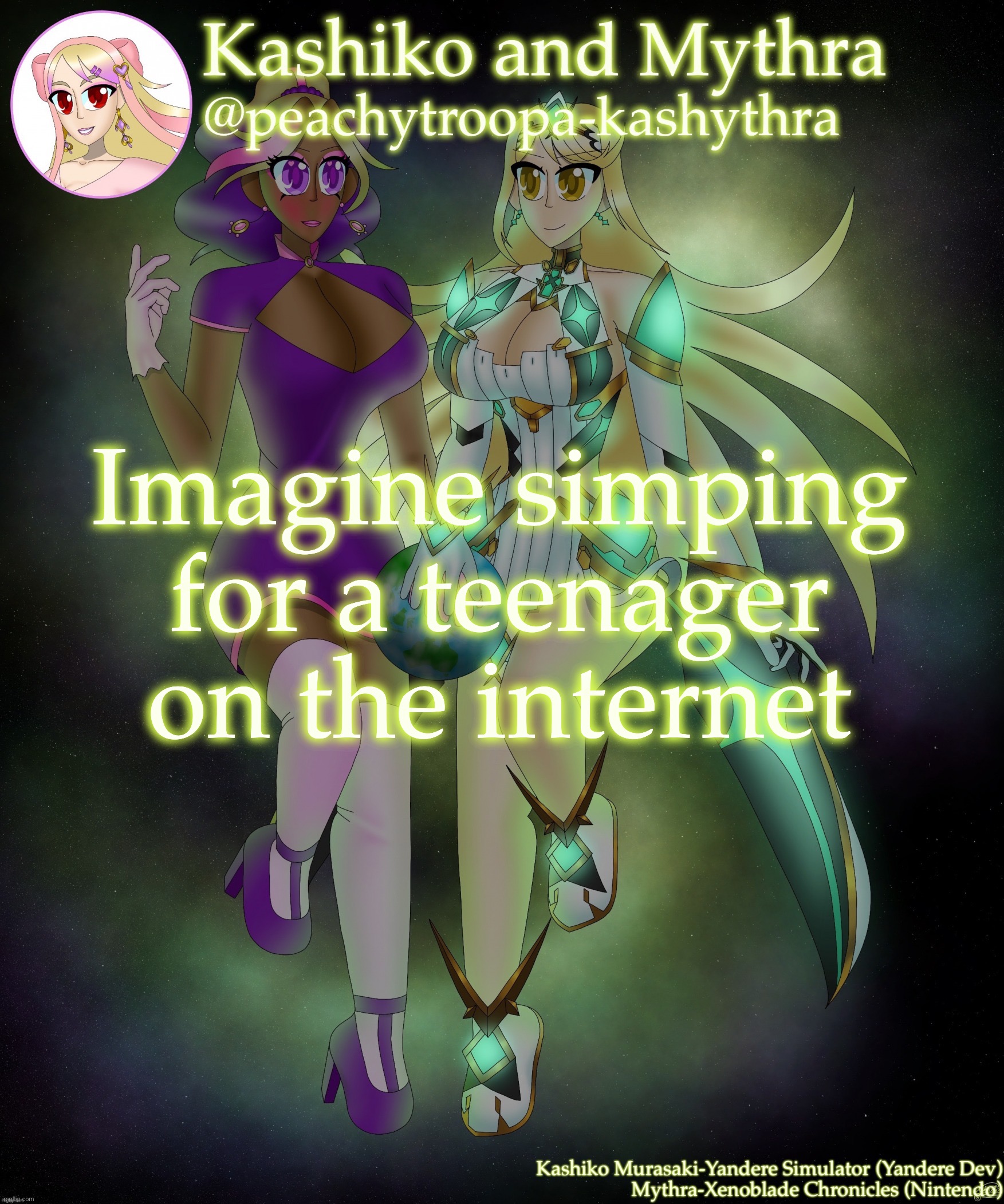 Kashiko Murasaki and Mythra | Imagine simping for a teenager on the internet | image tagged in kashiko murasaki and mythra | made w/ Imgflip meme maker