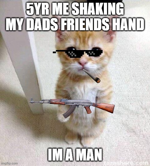 Cute Cat | 5YR ME SHAKING MY DADS FRIENDS HAND; IM A MAN | image tagged in memes,cute cat | made w/ Imgflip meme maker