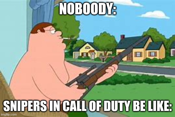 hehe hahas | NOBOODY:; SNIPERS IN CALL OF DUTY BE LIKE: | image tagged in peter griffin sniper | made w/ Imgflip meme maker