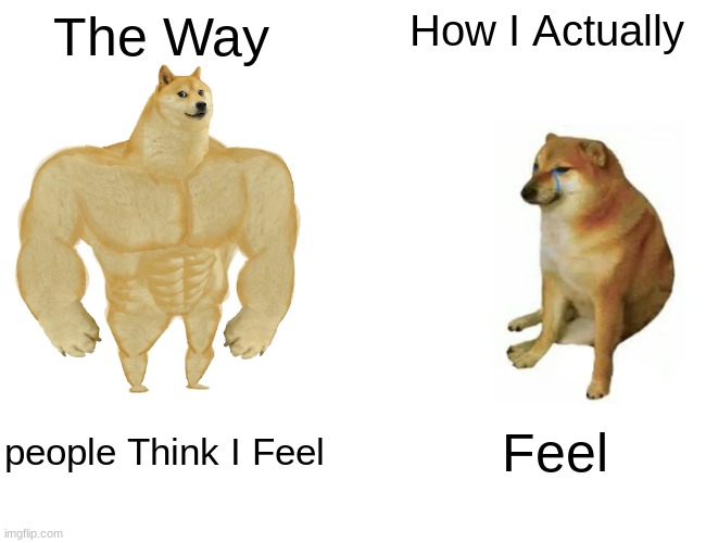 Sadness | The Way; How I Actually; people Think I Feel; Feel | image tagged in memes,buff doge vs cheems | made w/ Imgflip meme maker