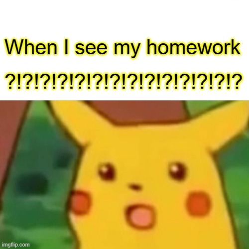 When i see my homework | When I see my homework; ?!?!?!?!?!?!?!?!?!?!?!?!?!? | image tagged in memes,surprised pikachu | made w/ Imgflip meme maker