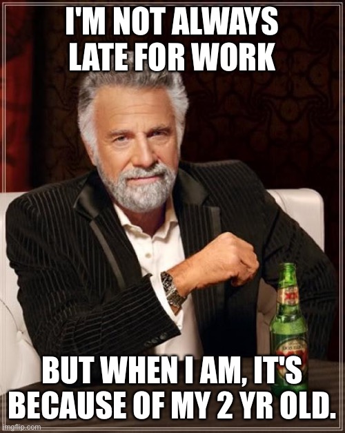 The Most Interesting Man In The World | I'M NOT ALWAYS LATE FOR WORK; BUT WHEN I AM, IT'S BECAUSE OF MY 2 YR OLD. | image tagged in memes,the most interesting man in the world | made w/ Imgflip meme maker