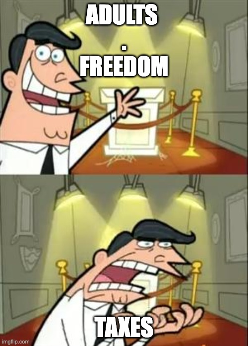 taxes | ADULTS 
.
FREEDOM; TAXES | image tagged in memes,this is where i'd put my trophy if i had one | made w/ Imgflip meme maker