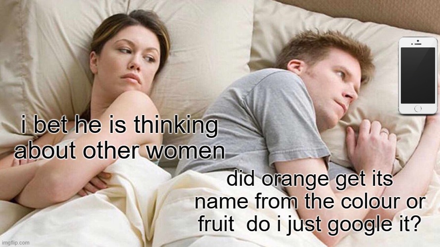 I Bet He's Thinking About Other Women | i bet he is thinking about other women; did orange get its name from the colour or fruit  do i just google it? | image tagged in memes,i bet he's thinking about other women | made w/ Imgflip meme maker