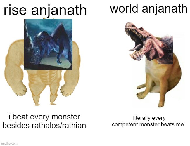 anjanath in a nutshell | rise anjanath; world anjanath; i beat every monster besides rathalos/rathian; literally every competent monster beats me | image tagged in memes,buff doge vs cheems | made w/ Imgflip meme maker