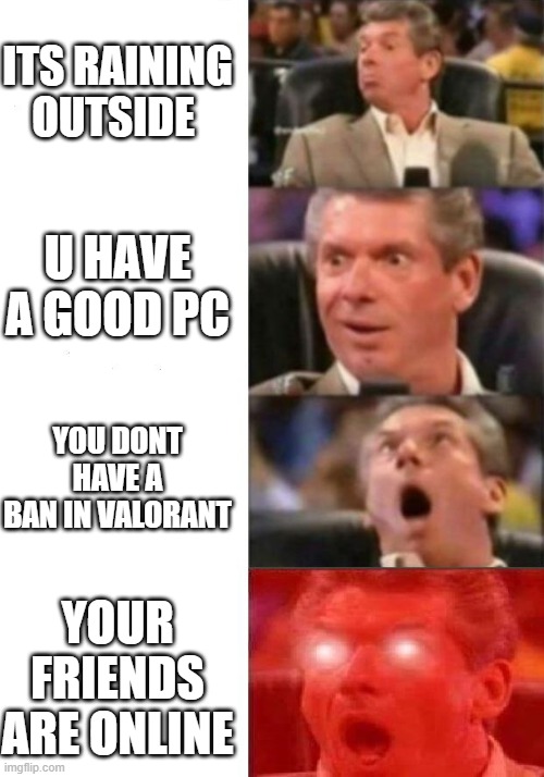 Mr. McMahon reaction | ITS RAINING OUTSIDE; U HAVE A GOOD PC; YOU DONT HAVE A BAN IN VALORANT; YOUR FRIENDS ARE ONLINE | image tagged in mr mcmahon reaction | made w/ Imgflip meme maker