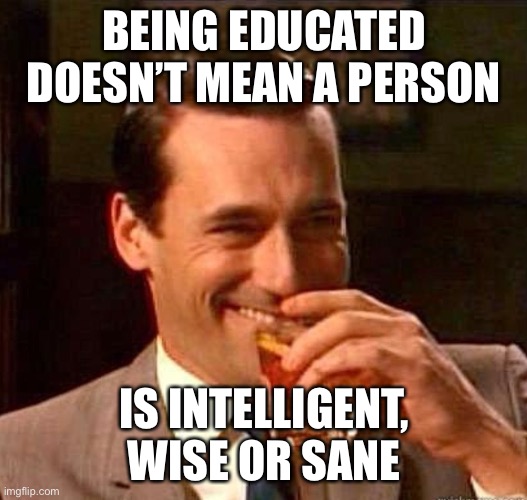 Mad Men | BEING EDUCATED DOESN’T MEAN A PERSON IS INTELLIGENT, WISE OR SANE | image tagged in mad men | made w/ Imgflip meme maker