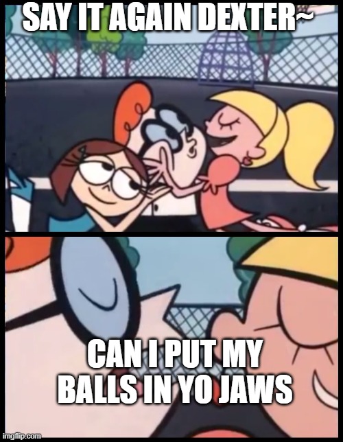 say it again dexter~ | SAY IT AGAIN DEXTER~; CAN I PUT MY BALLS IN YO JAWS | image tagged in memes,say it again dexter | made w/ Imgflip meme maker