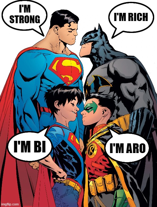 LMAO | I'M STRONG; I'M RICH; I'M ARO; I'M BI | image tagged in dc comics,batman,superman,robin,memes,lgbtq | made w/ Imgflip meme maker