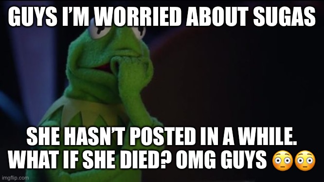 Kermit worried face | GUYS I’M WORRIED ABOUT SUGAS; SHE HASN’T POSTED IN A WHILE. WHAT IF SHE DIED? OMG GUYS 😳😳 | image tagged in omg | made w/ Imgflip meme maker