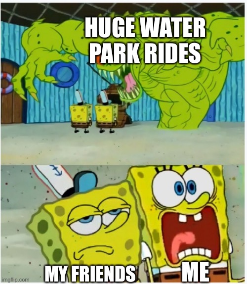 SpongeBob SquarePants scared but also not scared | HUGE WATER PARK RIDES; ME; MY FRIENDS | image tagged in spongebob squarepants scared but also not scared | made w/ Imgflip meme maker