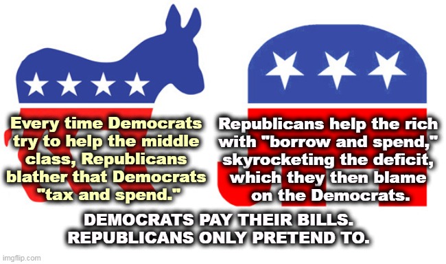 Republicans help the rich 

with "borrow and spend," 
skyrocketing the deficit, 
which they then blame 
on the Democrats. Every time Democrats 
try to help the middle 
class, Republicans 
blather that Democrats 
"tax and spend."; DEMOCRATS PAY THEIR BILLS. REPUBLICANS ONLY PRETEND TO. | image tagged in democrats,responsibility,republicans,debt | made w/ Imgflip meme maker