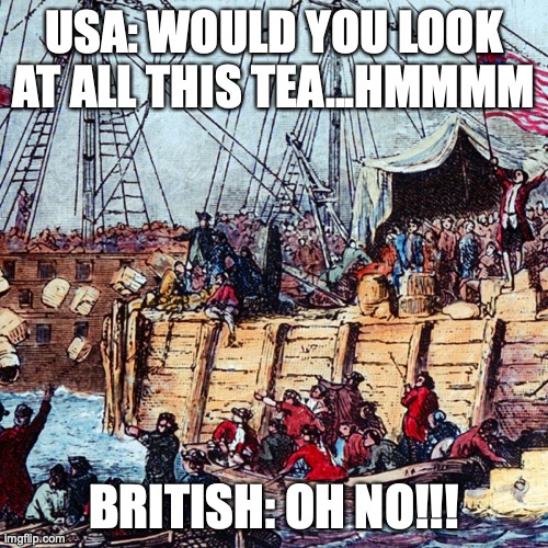 Boston Tea Party | USA: WOULD YOU LOOK AT ALL THIS TEA...HMMMM; BRITISH: OH NO!!! | image tagged in british empire | made w/ Imgflip meme maker