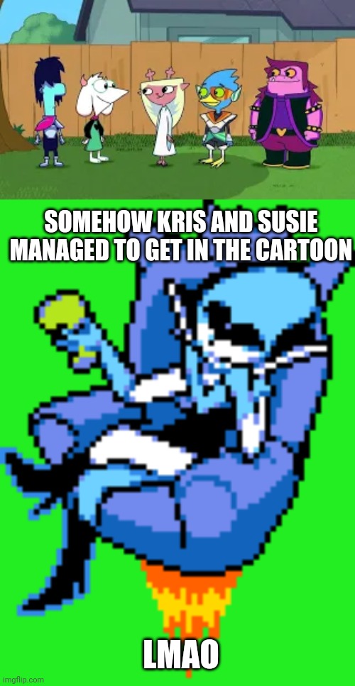 Le queen didn't cares | SOMEHOW KRIS AND SUSIE MANAGED TO GET IN THE CARTOON; LMAO | image tagged in the queen sitting in her throne,phineas and ferb,deltarune,memes,funny | made w/ Imgflip meme maker