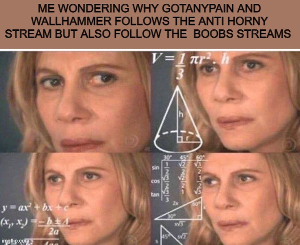 Math lady/Confused lady | ME WONDERING WHY GOTANYPAIN AND WALLHAMMER FOLLOWS THE ANTI HORNY STREAM BUT ALSO FOLLOW THE  BOOBS STREAMS | image tagged in math lady/confused lady | made w/ Imgflip meme maker