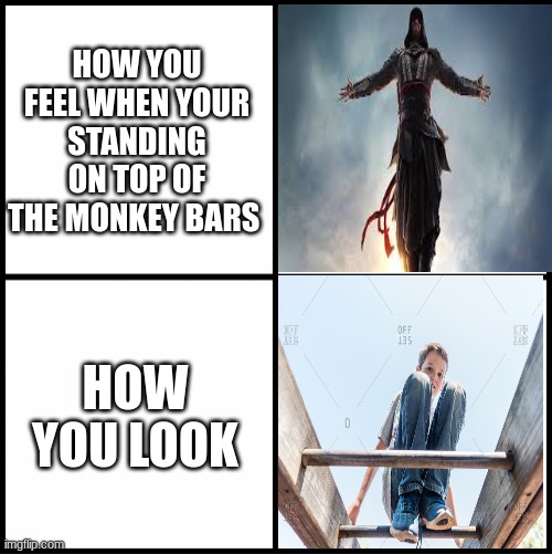 i finally figured out how to add google images | HOW YOU FEEL WHEN YOUR STANDING ON TOP OF THE MONKEY BARS; HOW YOU LOOK | image tagged in blank drake format | made w/ Imgflip meme maker