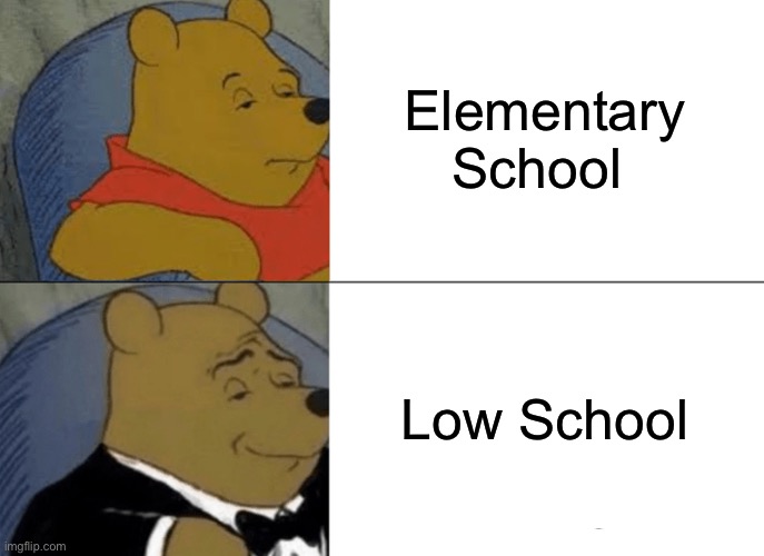 Tuxedo Winnie The Pooh | Elementary School; Low School | image tagged in memes,tuxedo winnie the pooh | made w/ Imgflip meme maker