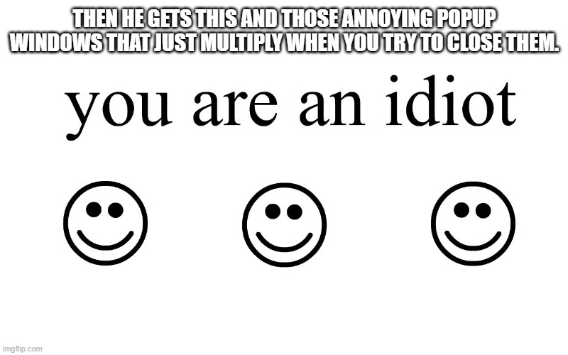 You Are An Idiot!! | THEN HE GETS THIS AND THOSE ANNOYING POPUP WINDOWS THAT JUST MULTIPLY WHEN YOU TRY TO CLOSE THEM. | image tagged in you are an idiot | made w/ Imgflip meme maker