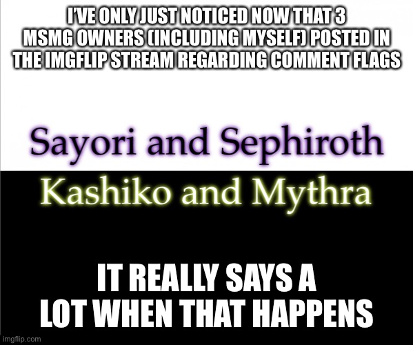 Two sides | I’VE ONLY JUST NOTICED NOW THAT 3 MSMG OWNERS (INCLUDING MYSELF) POSTED IN THE IMGFLIP STREAM REGARDING COMMENT FLAGS; IT REALLY SAYS A LOT WHEN THAT HAPPENS | image tagged in two sides,sayori and sephiroth,kashiko murasaki and mythra | made w/ Imgflip meme maker