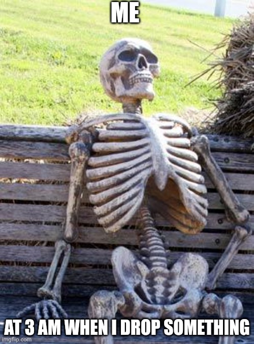 Dead | ME; AT 3 AM WHEN I DROP SOMETHING | image tagged in memes,waiting skeleton | made w/ Imgflip meme maker