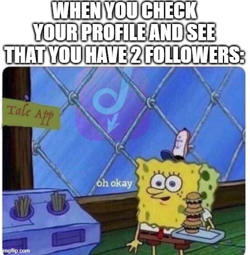 Big Thanks to that one guy who followed me btw (The other is my friend) | WHEN YOU CHECK YOUR PROFILE AND SEE THAT YOU HAVE 2 FOLLOWERS: | image tagged in oh okay spongebob | made w/ Imgflip meme maker
