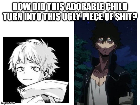 Love you touya! | HOW DID THIS ADORABLE CHILD TURN INTO THIS UGLY PIECE OF SHIT? | image tagged in blank white template,touya | made w/ Imgflip meme maker