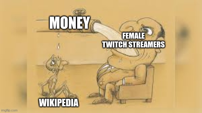 pls donate to wikipedia | MONEY; FEMALE TWITCH STREAMERS; WIKIPEDIA | image tagged in guy who have alot of water | made w/ Imgflip meme maker