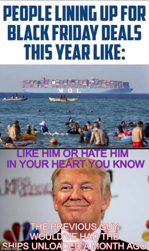 LIKE HIM OR HATE HIM   IN YOUR HEART YOU KNOW; THE PREVIOUS GUY WOULD’VE HAD THE SHIPS UNLOADED A MONTH AGO | image tagged in donald trump approves | made w/ Imgflip meme maker