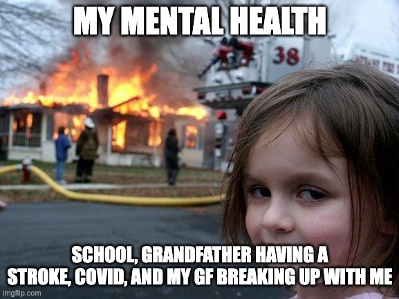 thank you 2020-2021 very cool | MY MENTAL HEALTH; SCHOOL, GRANDFATHER HAVING A STROKE, COVID, AND MY GF BREAKING UP WITH ME | image tagged in memes,disaster girl | made w/ Imgflip meme maker