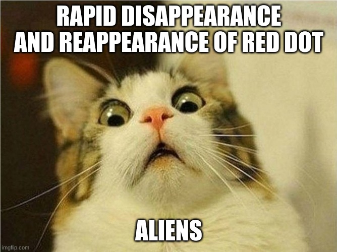 Suprised Cat | RAPID DISAPPEARANCE AND REAPPEARANCE OF RED DOT; ALIENS | image tagged in suprised cat | made w/ Imgflip meme maker