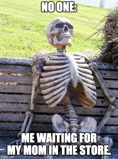 tehe | NO ONE:; ME WAITING FOR MY MOM IN THE STORE. | image tagged in memes,waiting skeleton | made w/ Imgflip meme maker