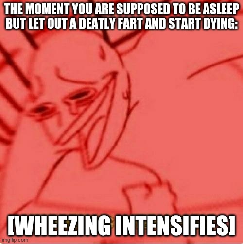 THIS HAPPENED LAST NIGHTTTTTTTTT ToT | THE MOMENT YOU ARE SUPPOSED TO BE ASLEEP BUT LET OUT A DEATLY FART AND START DYING:; [WHEEZING INTENSIFIES] | image tagged in wheezeintensifies,help,please,imintroublelol,iminschool,school | made w/ Imgflip meme maker